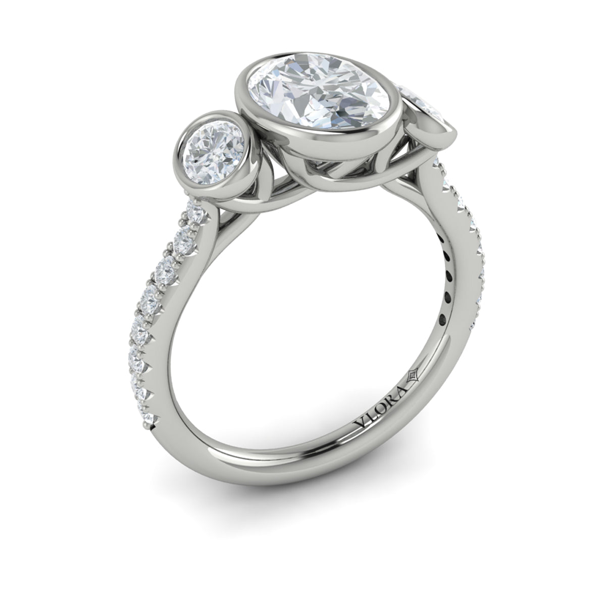14K White Gold Oval Diamond Three-Stone Bezel Ring