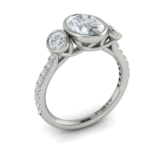 14K White Gold Oval Diamond Three-Stone Bezel Ring