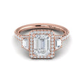 14K Rose Gold Emerald Cut Three-Stone Halo Ring