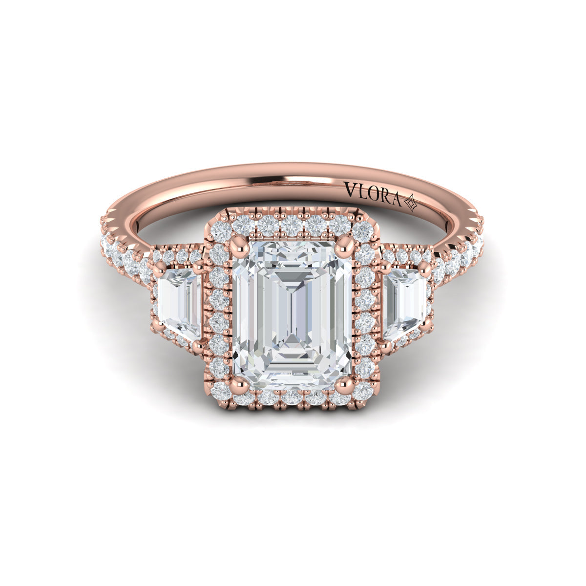 14K Rose Gold Emerald Cut Three-Stone Halo Ring