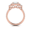 14K Rose Gold Emerald Cut Three-Stone Halo Ring