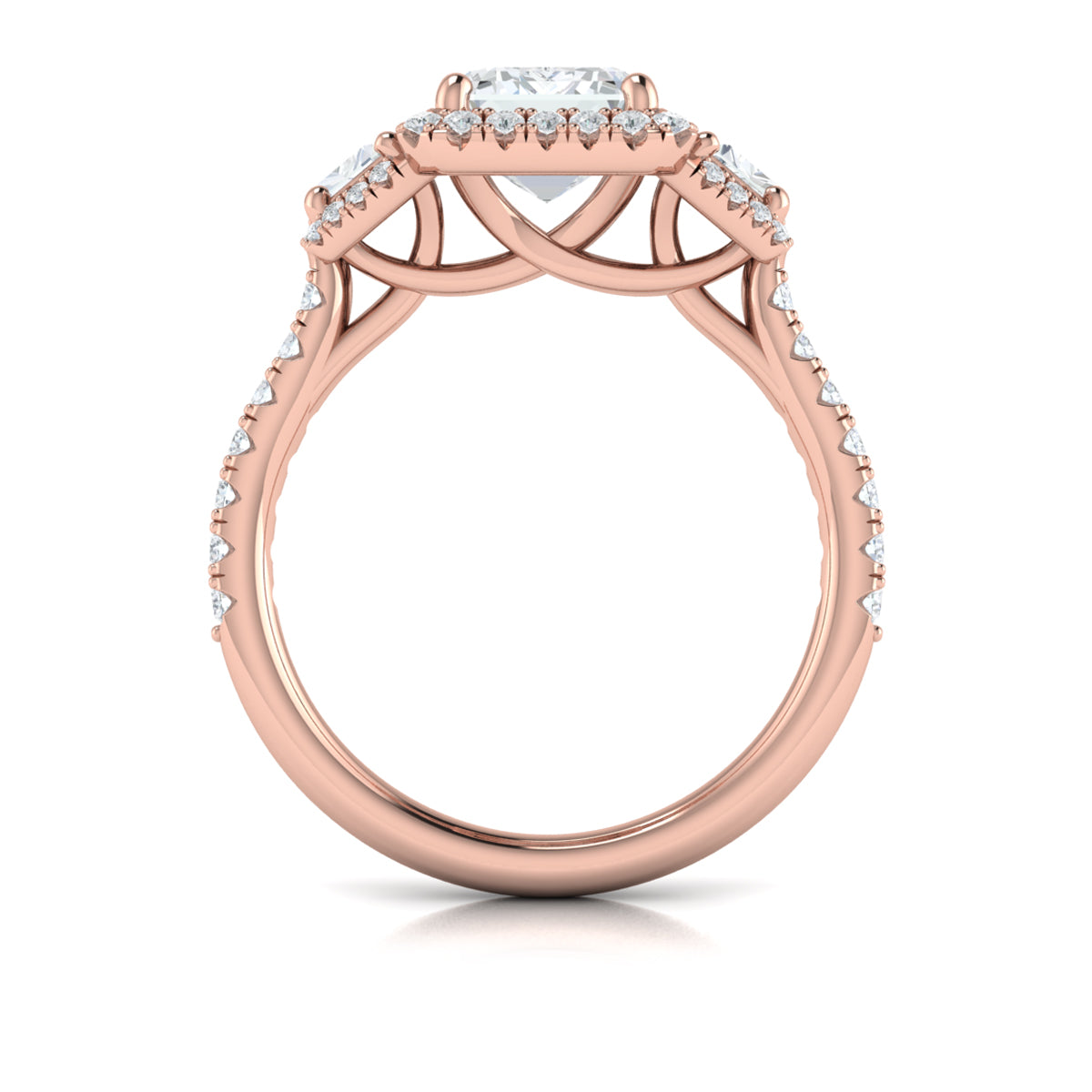 14K Rose Gold Emerald Cut Three-Stone Halo Ring