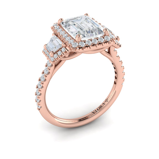 14K Rose Gold Emerald Cut Three-Stone Halo Ring