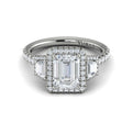 14kt White Gold Emerald Cut Three-Stone Halo Engagement Ring