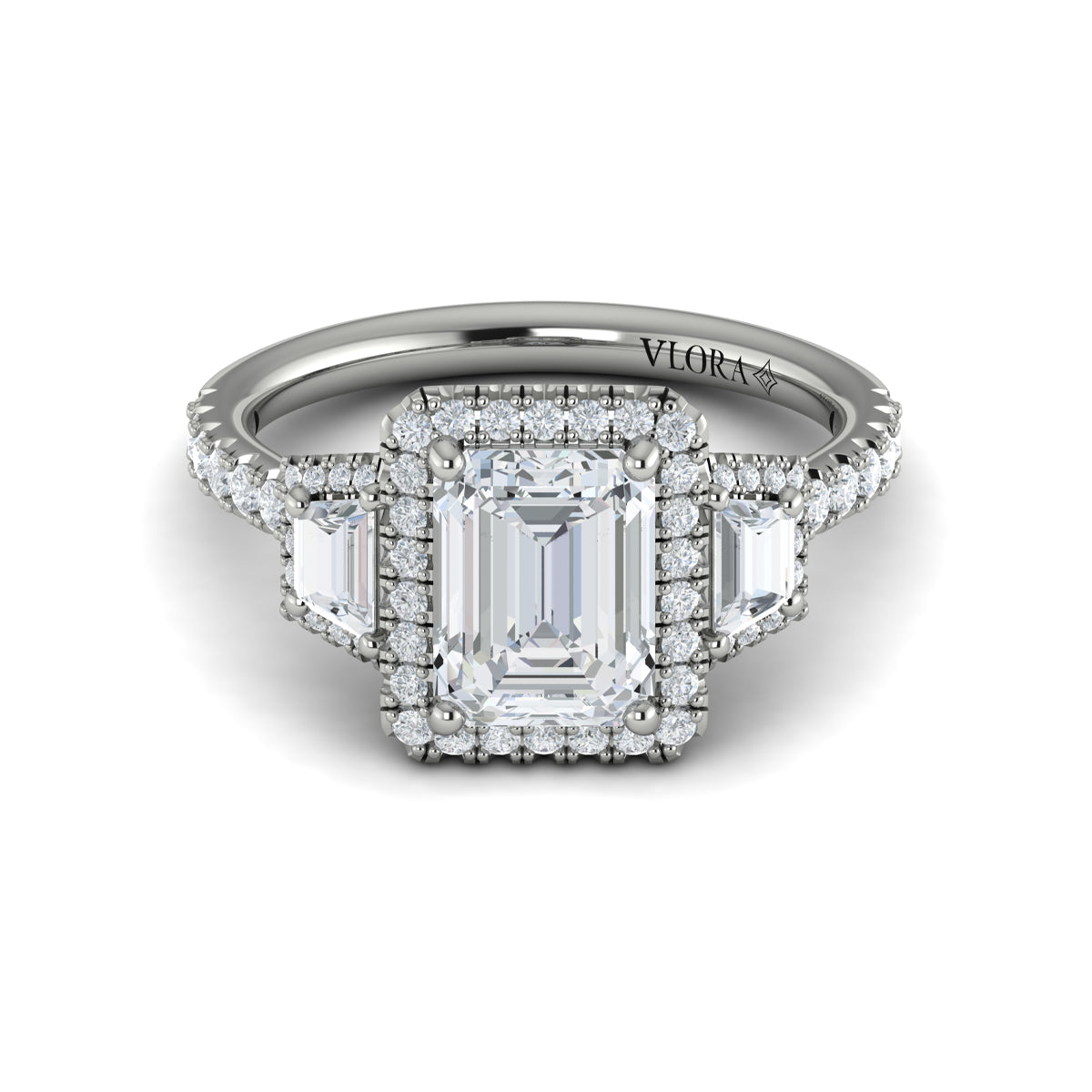14kt White Gold Emerald Cut Three-Stone Halo Engagement Ring
