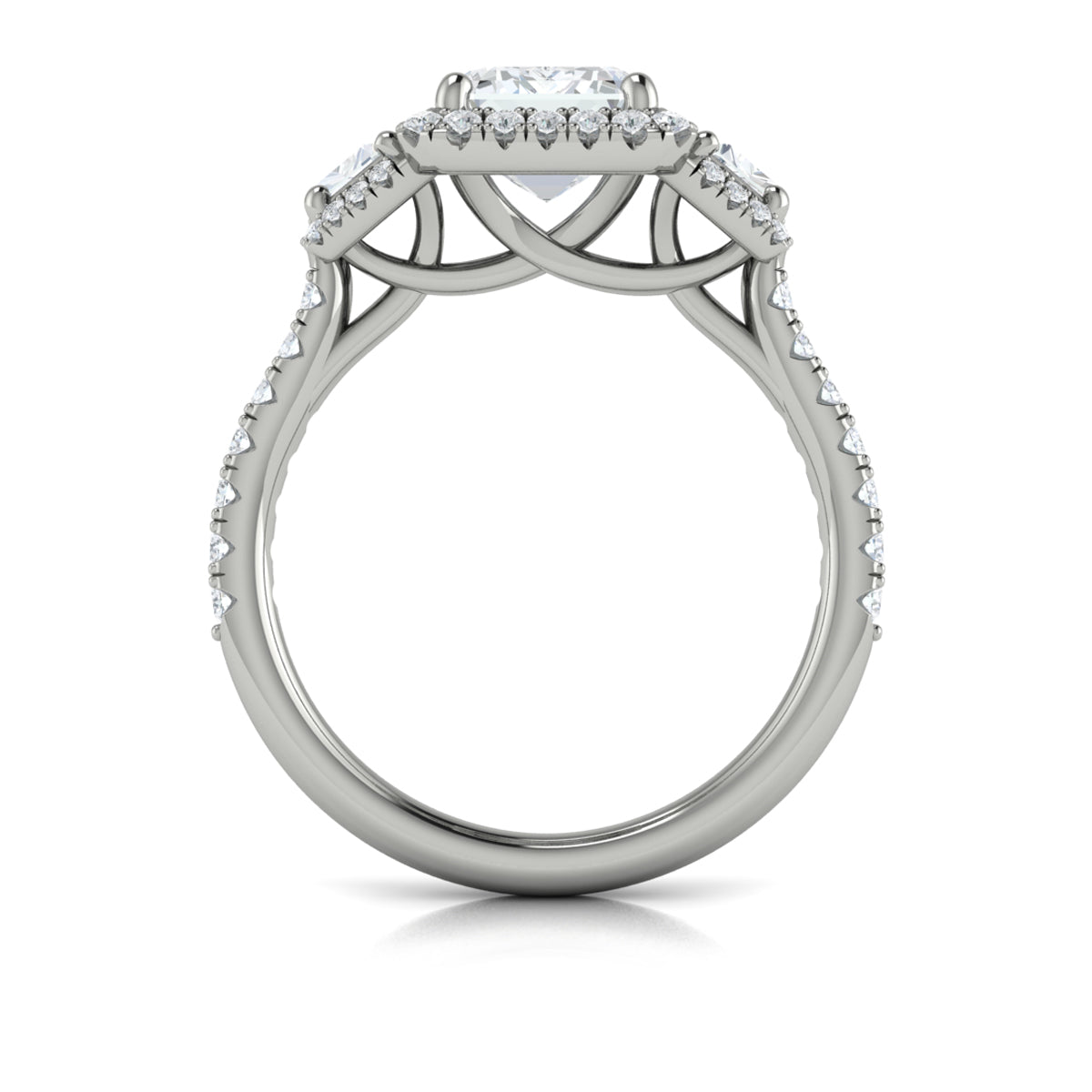 14kt White Gold Emerald Cut Three-Stone Halo Engagement Ring
