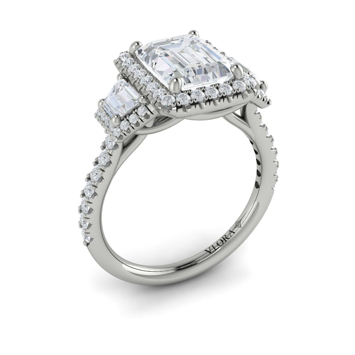 14kt White Gold Emerald Cut Three-Stone Halo Engagement Ring