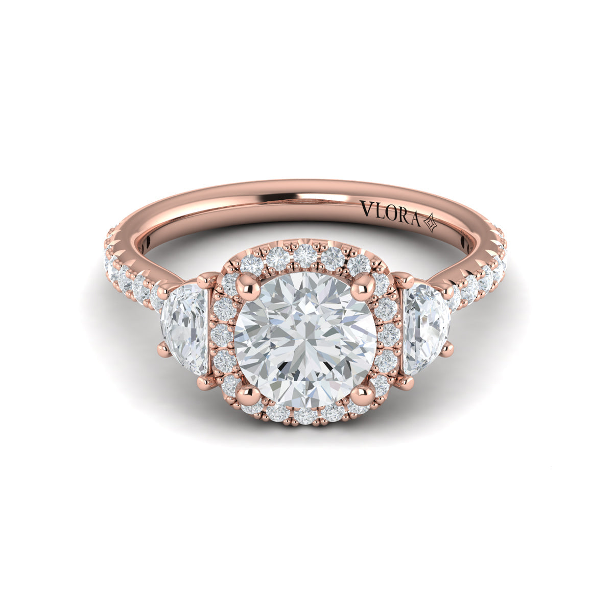 14K Rose Gold Round Diamond Three-Stone Halo Ring