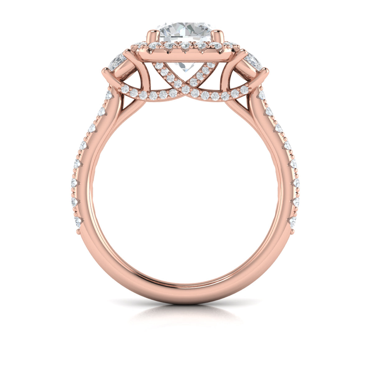 14K Rose Gold Round Diamond Three-Stone Halo Ring