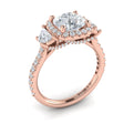 14K Rose Gold Round Diamond Three-Stone Halo Ring