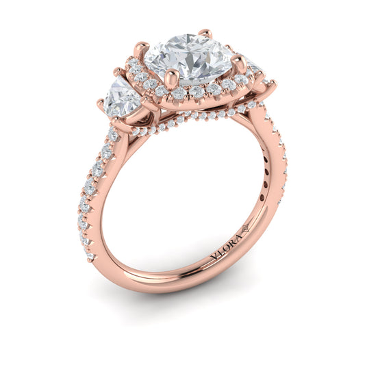 14K Rose Gold Round Diamond Three-Stone Halo Ring