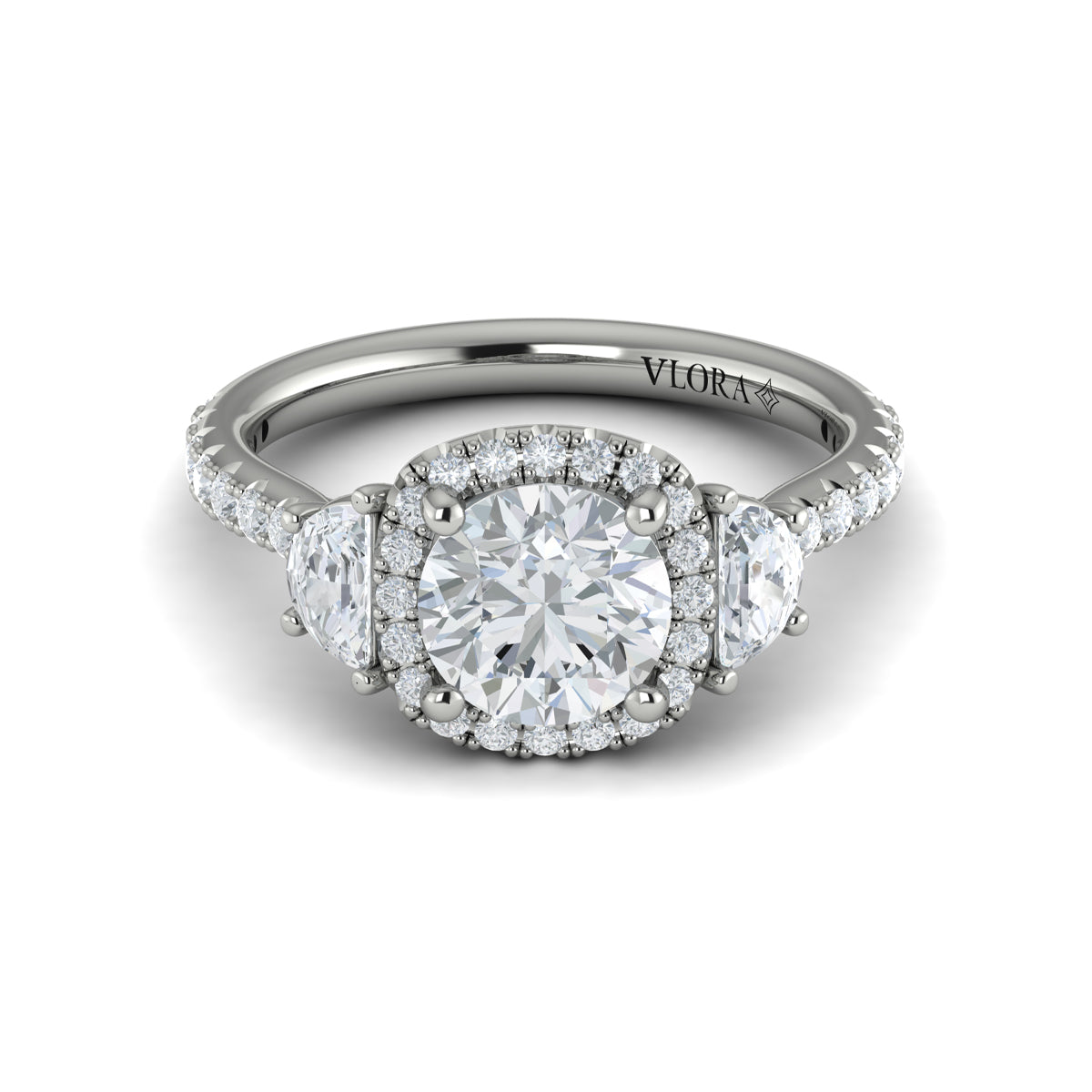 14kt White Gold Round Diamond Three-Stone Halo Ring
