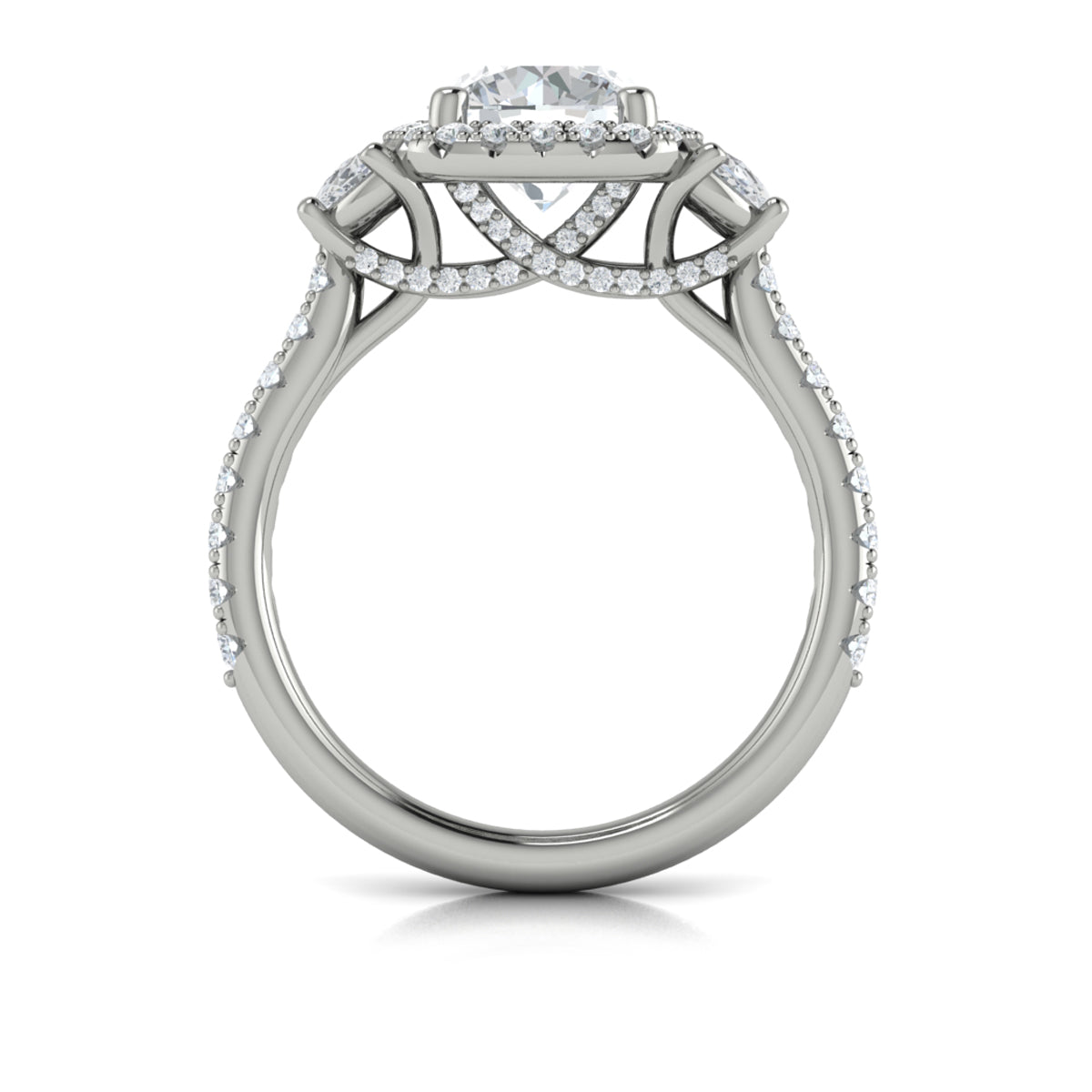 14kt White Gold Round Diamond Three-Stone Halo Ring