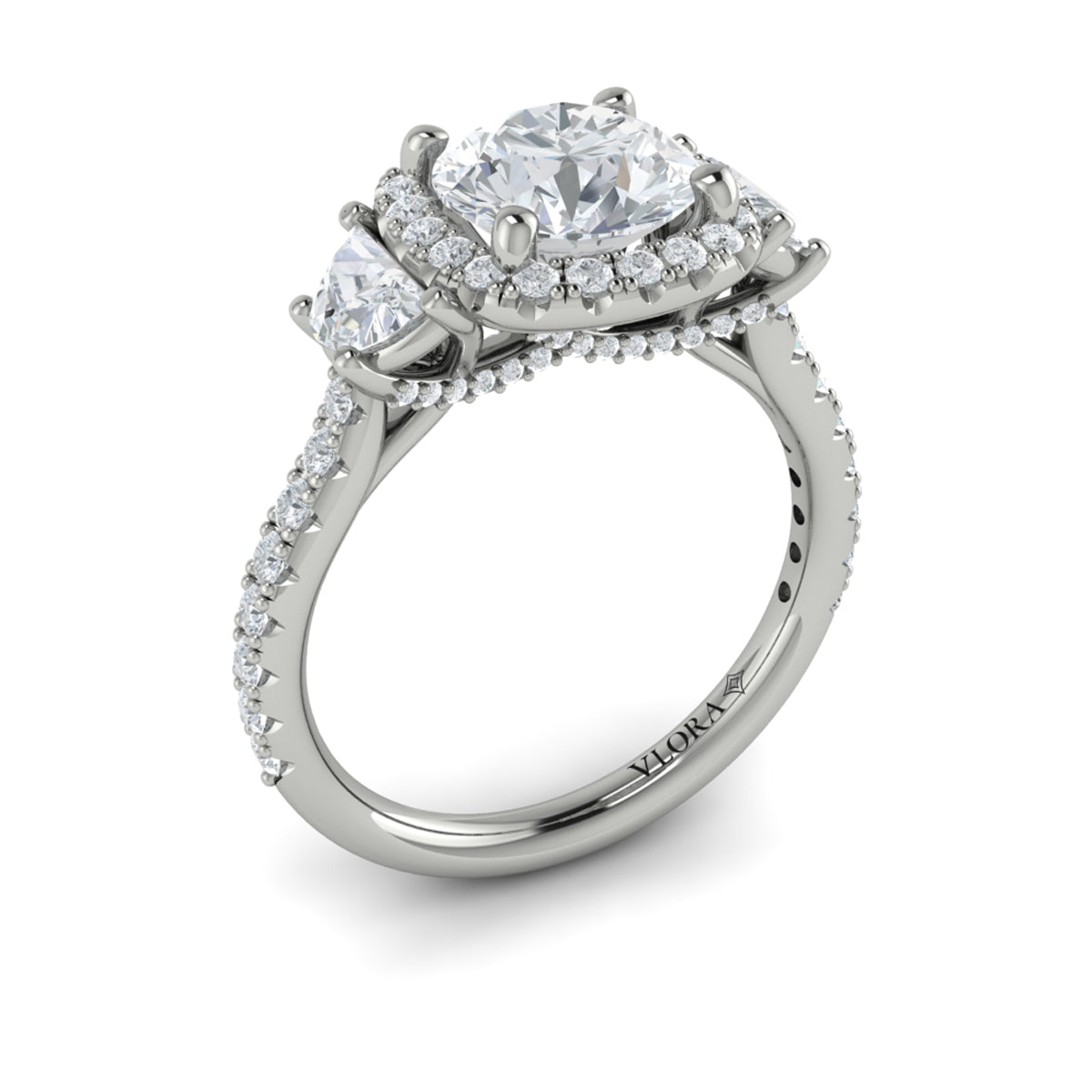 14kt White Gold Round Diamond Three-Stone Halo Ring