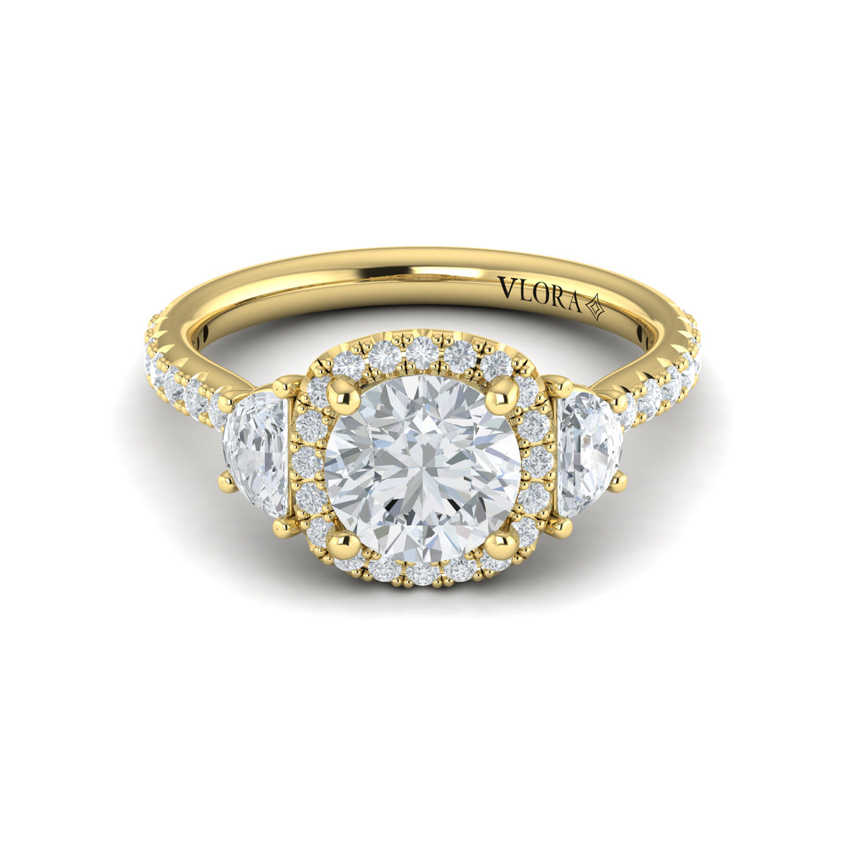 14kt Yellow Gold Round Diamond Three-Stone Halo Ring