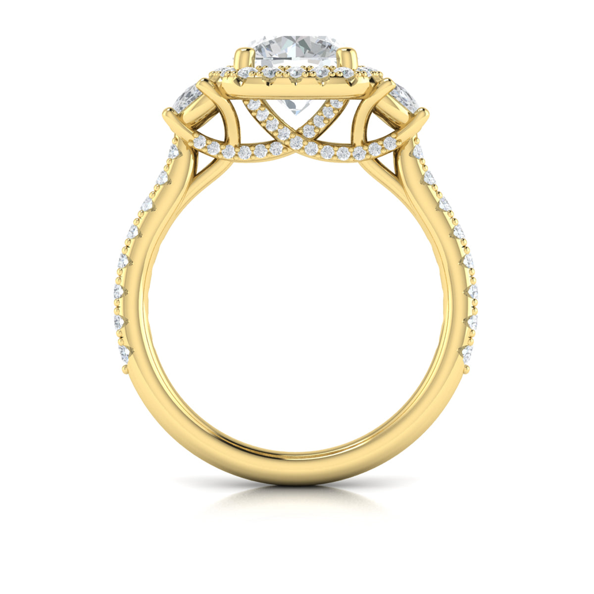 14kt Yellow Gold Round Diamond Three-Stone Halo Ring