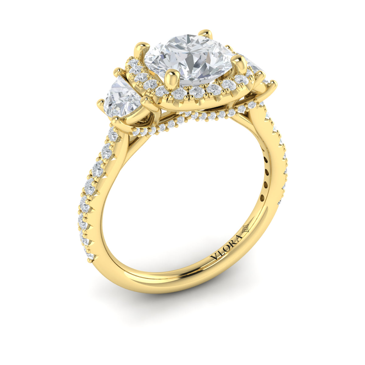 14kt Yellow Gold Round Diamond Three-Stone Halo Ring