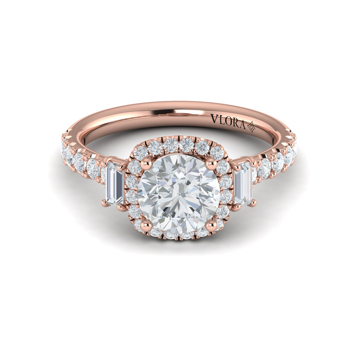 14K Rose Gold Three-Stone Diamond Halo Engagement Ring