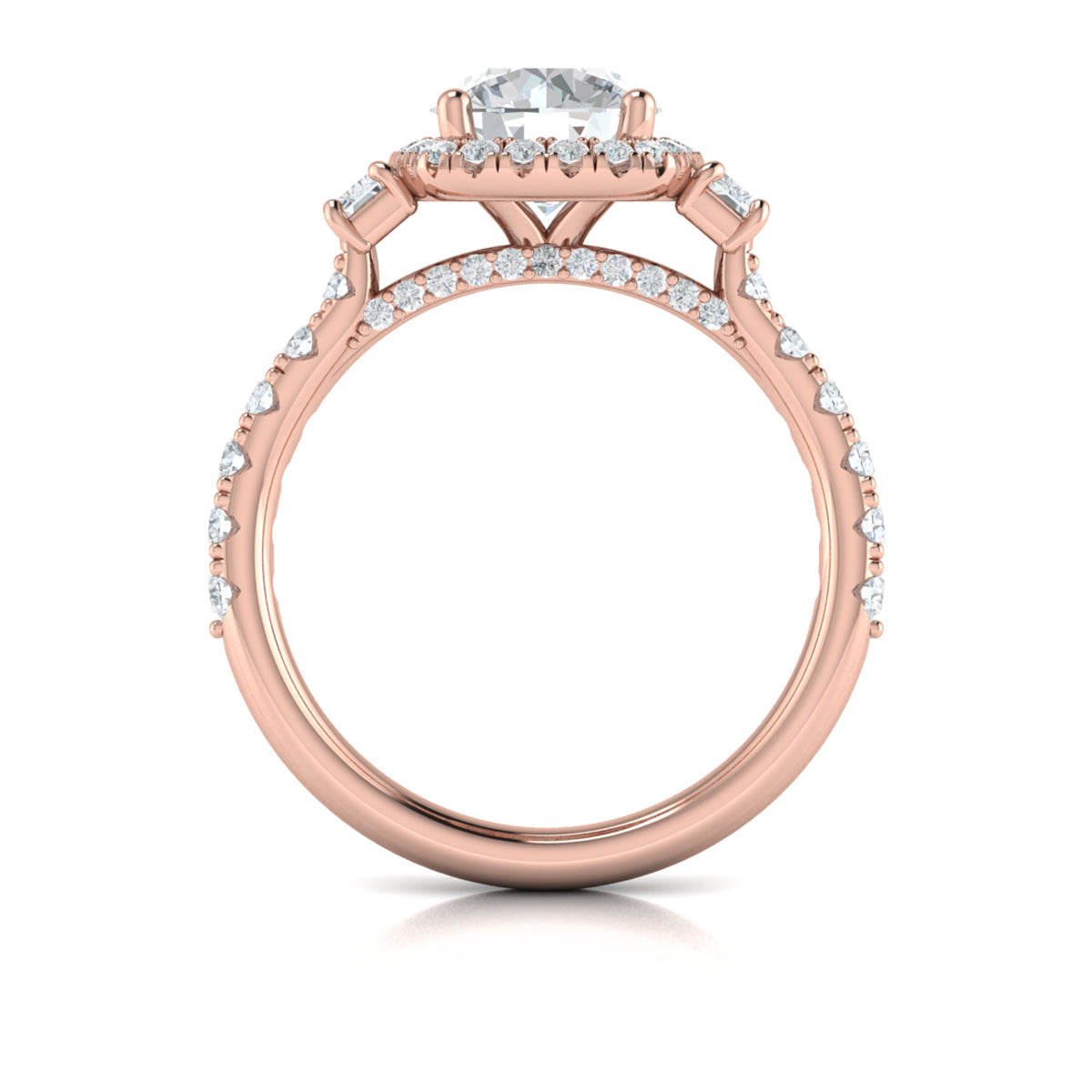 14K Rose Gold Three-Stone Diamond Halo Engagement Ring