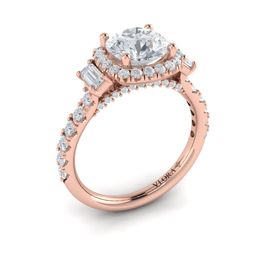 14K Rose Gold Three-Stone Diamond Halo Engagement Ring