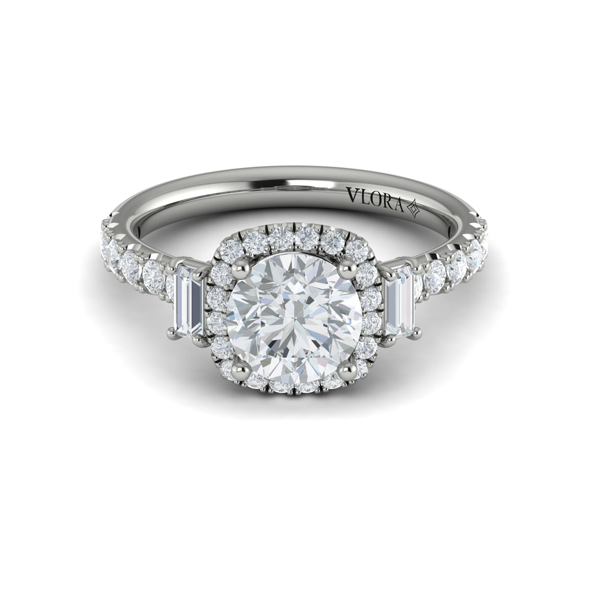 14kt White Gold Diamond Three-Stone Halo Engagement Ring