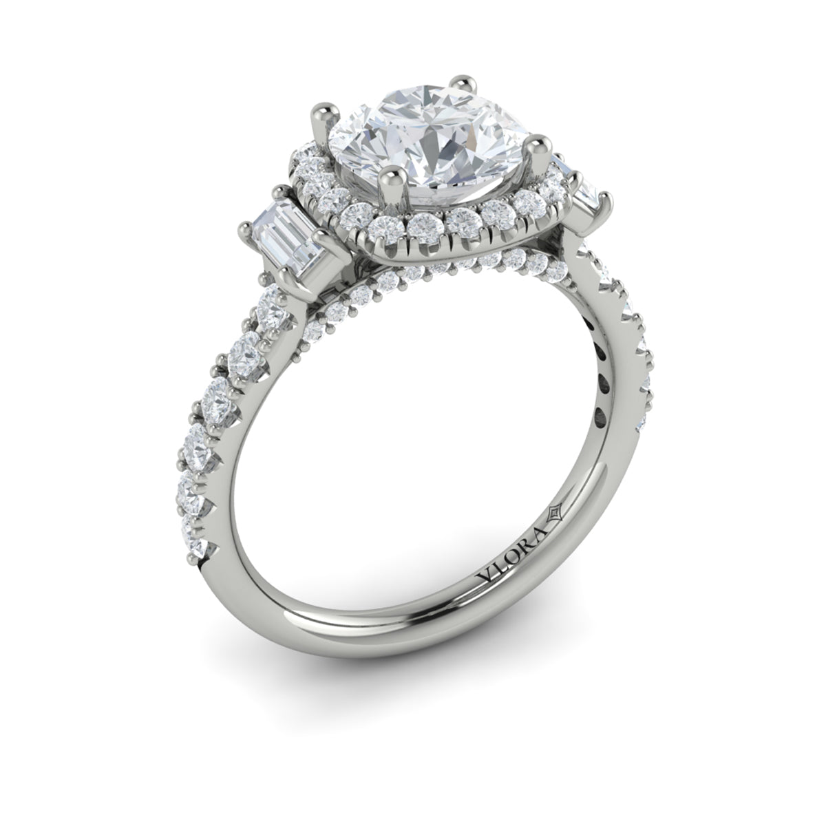 14kt White Gold Diamond Three-Stone Halo Engagement Ring
