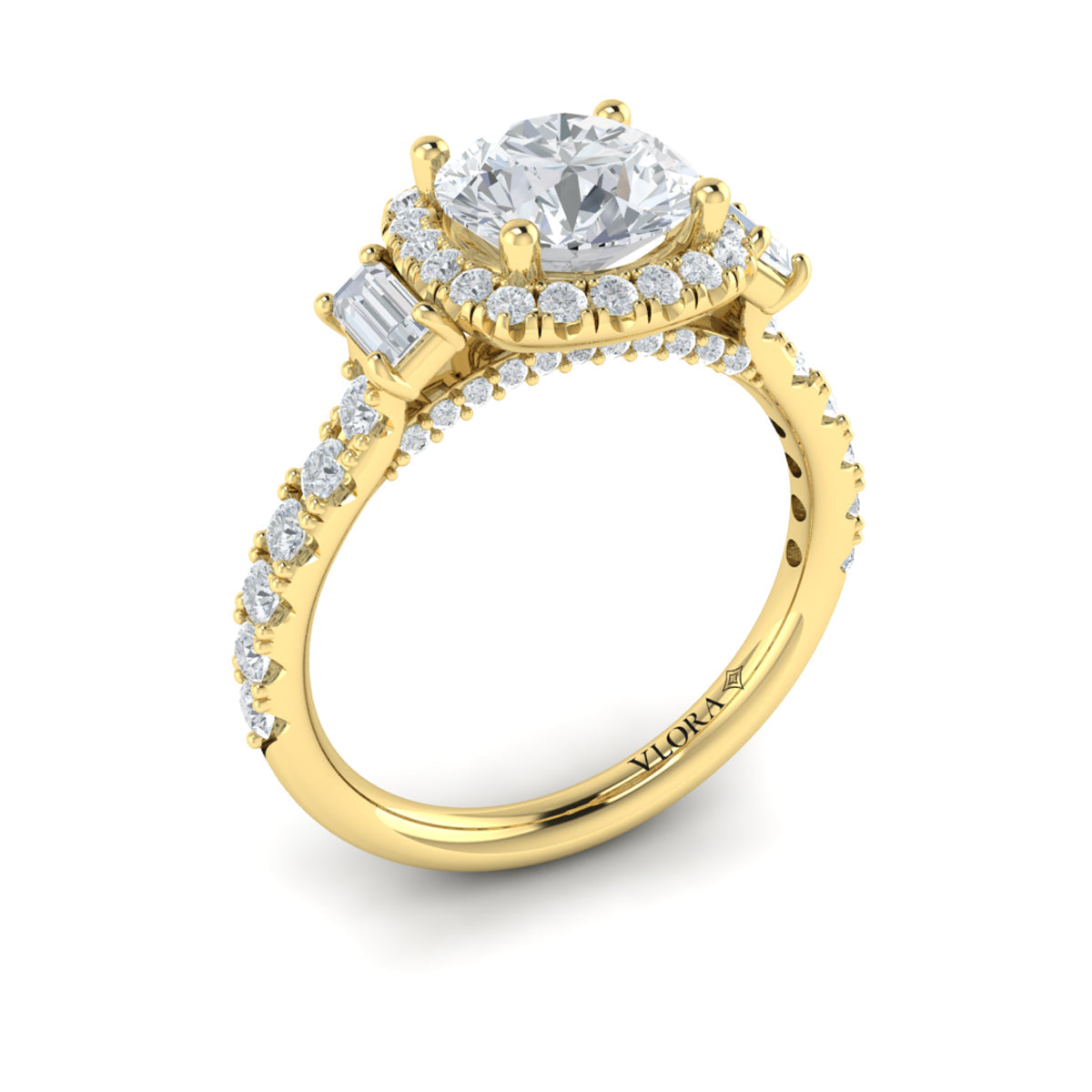14kt Yellow Gold Diamond Three-Stone Halo Ring