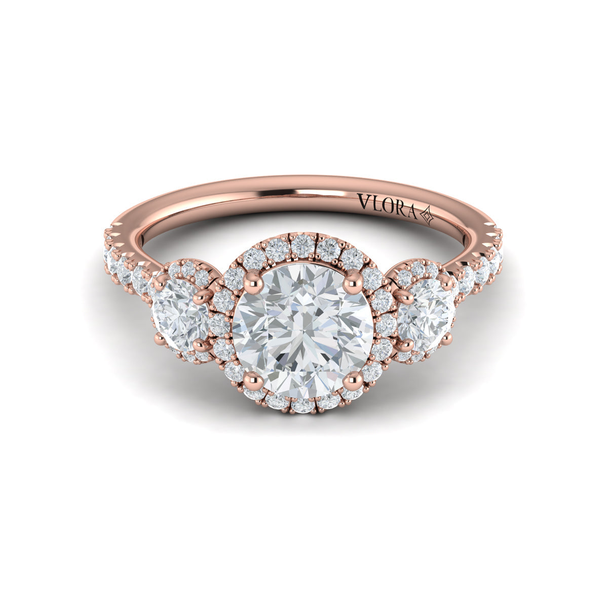14K Rose Gold Three-Stone Diamond Halo Engagement Ring
