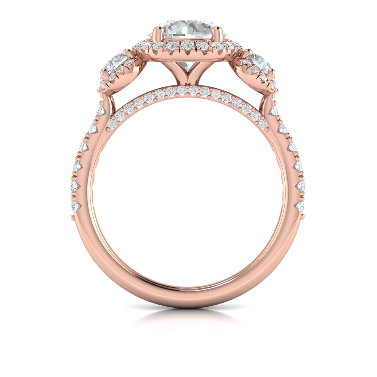 14K Rose Gold Three-Stone Diamond Halo Engagement Ring