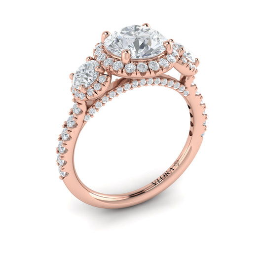 14K Rose Gold Three-Stone Diamond Halo Engagement Ring