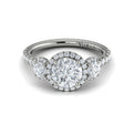 Platinum Three-Stone Round Diamond Halo Engagement Ring