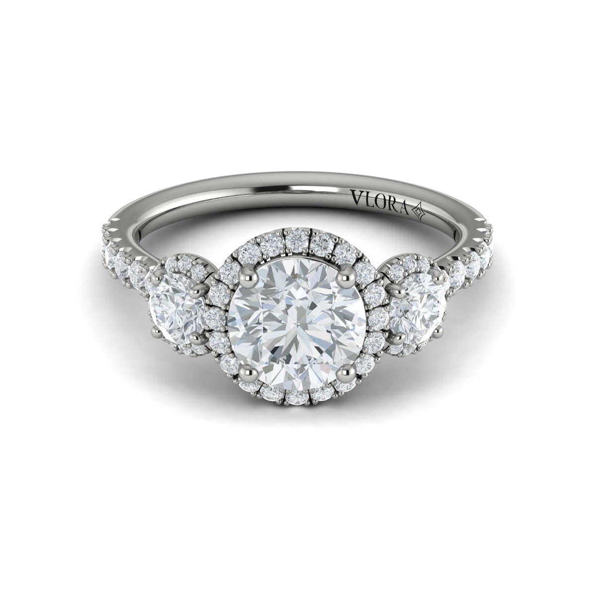 Platinum Three-Stone Round Diamond Halo Engagement Ring