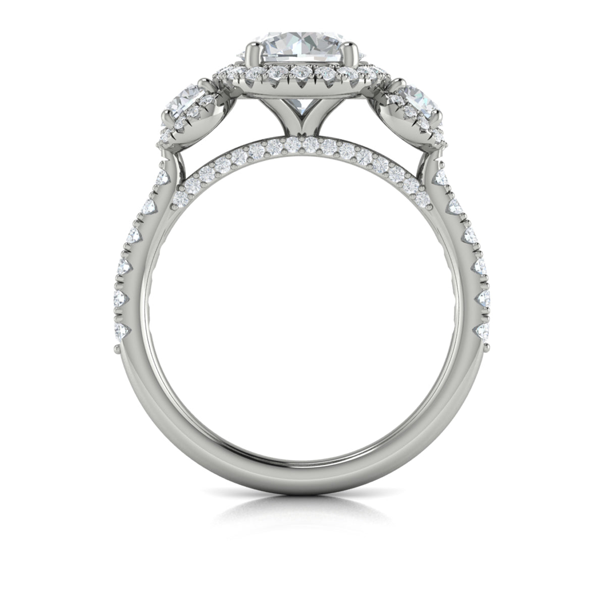 Platinum Three-Stone Round Diamond Halo Engagement Ring