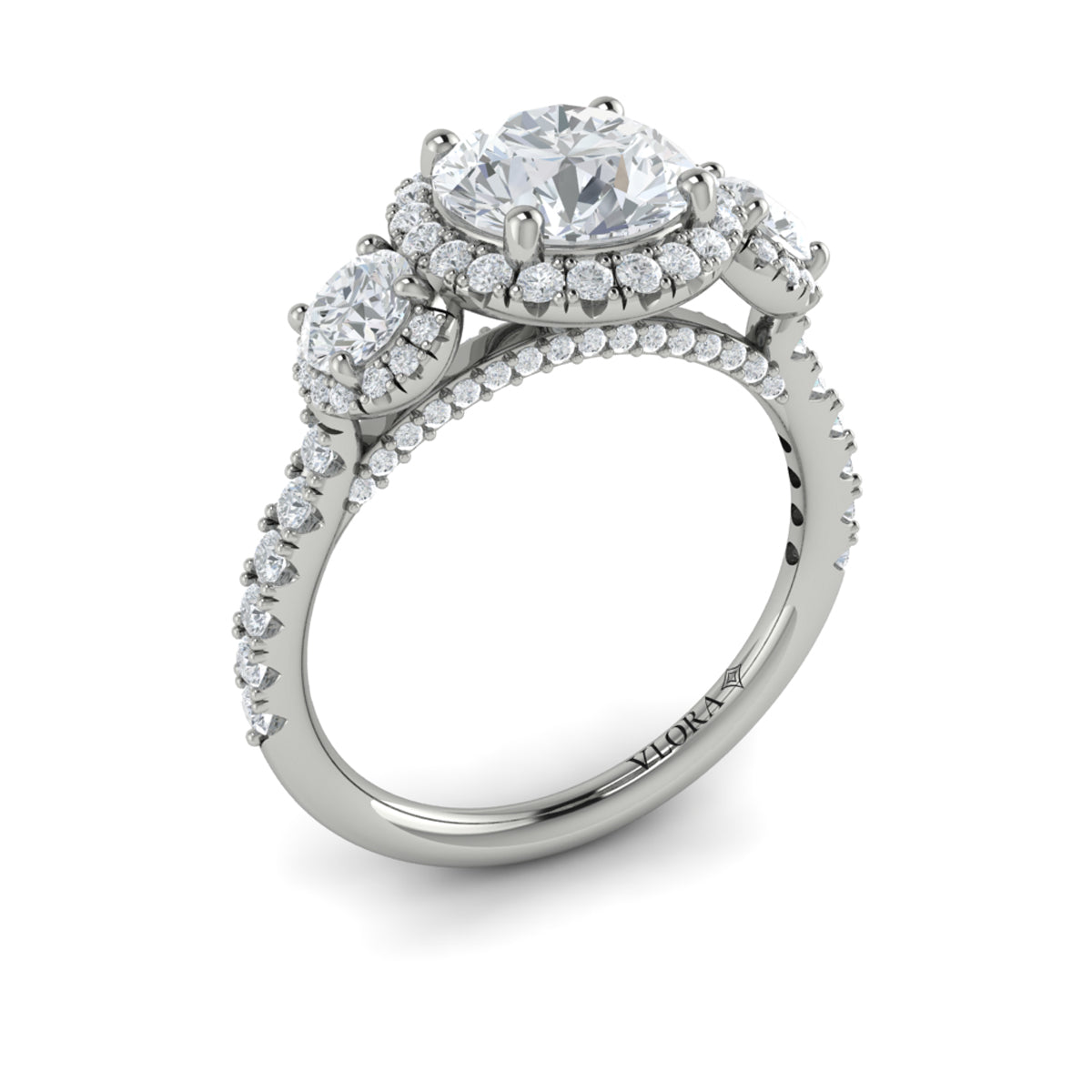 Platinum Three-Stone Round Diamond Halo Engagement Ring