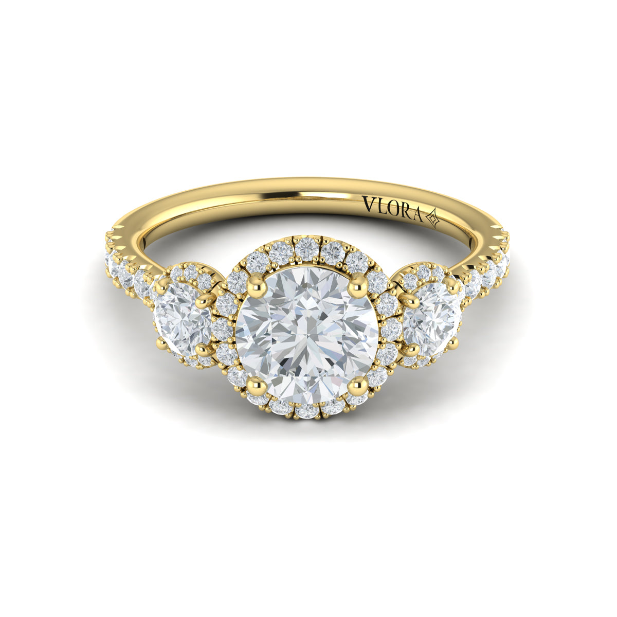 18kt Yellow Gold Round Diamond Three-Stone Halo Ring