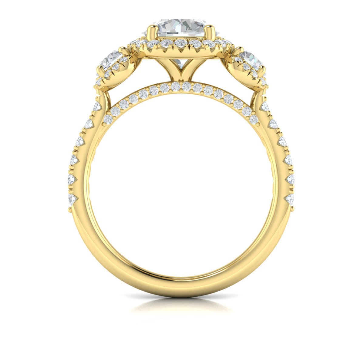 18kt Yellow Gold Round Diamond Three-Stone Halo Ring