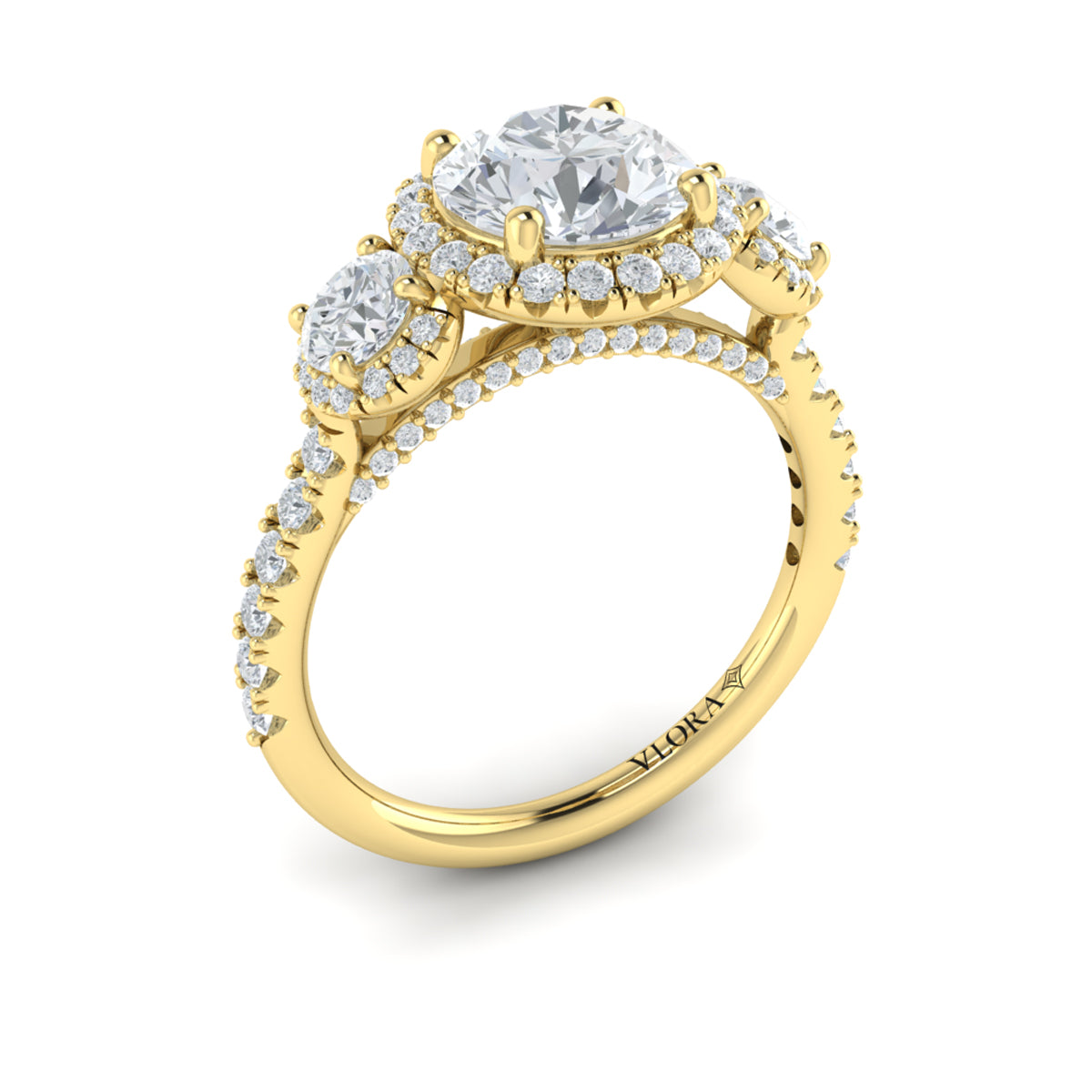 18kt Yellow Gold Round Diamond Three-Stone Halo Ring