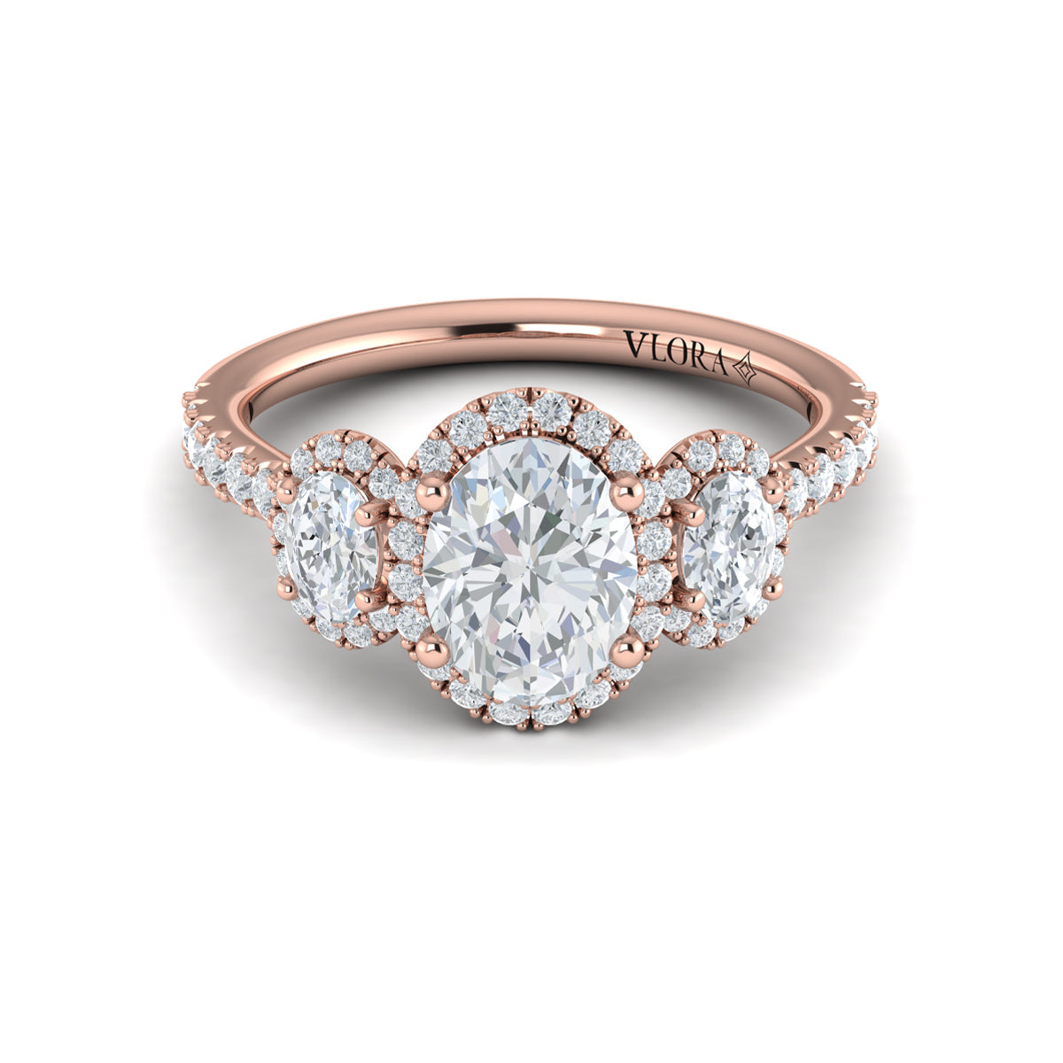 14K Rose Gold Oval Diamond Three-Stone Halo Engagement Ring