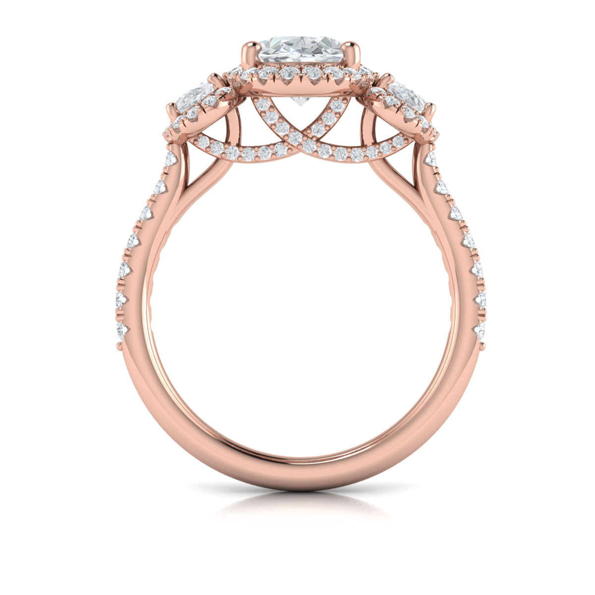 14K Rose Gold Oval Diamond Three-Stone Halo Engagement Ring