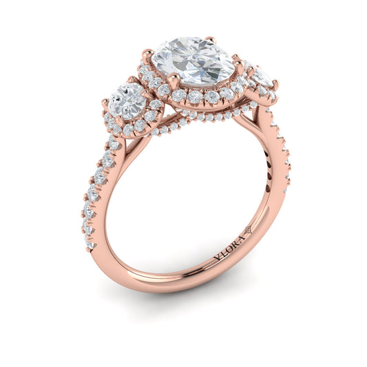 14K Rose Gold Oval Diamond Three-Stone Halo Engagement Ring