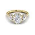 14kt Yellow Gold Oval Diamond Three-Stone Halo Ring