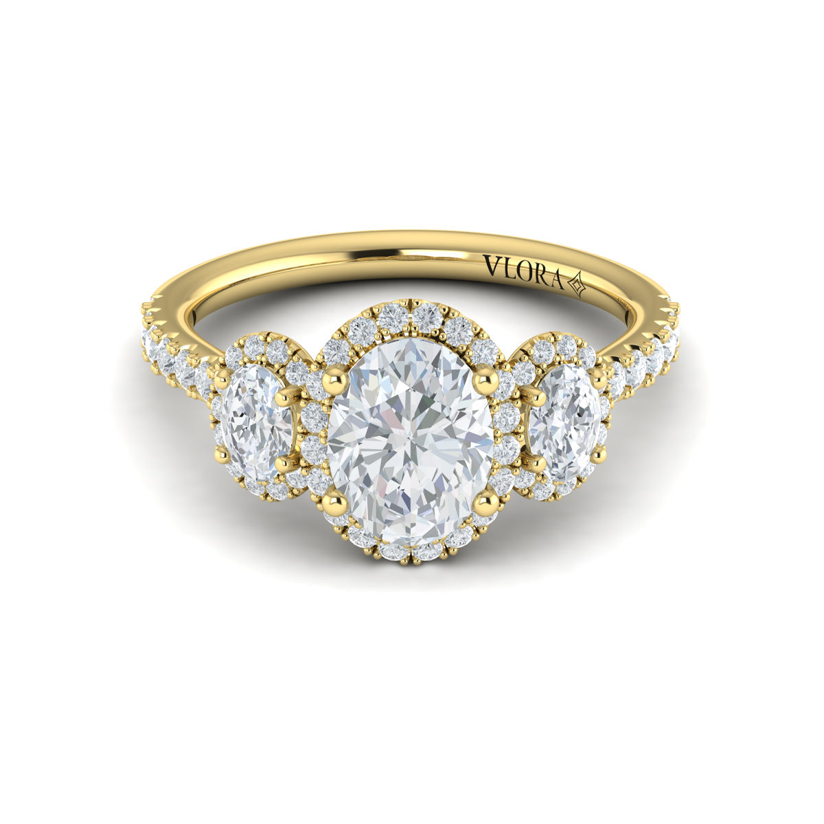 14kt Yellow Gold Oval Diamond Three-Stone Halo Ring