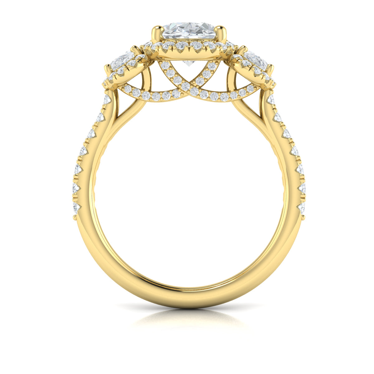 14kt Yellow Gold Oval Diamond Three-Stone Halo Ring