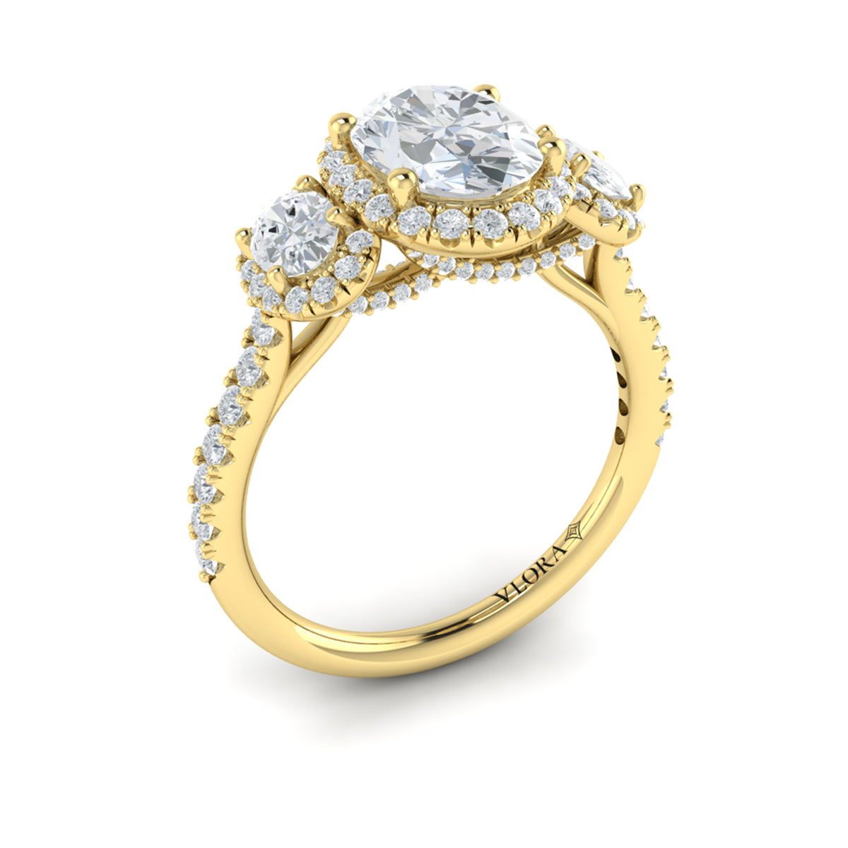 14kt Yellow Gold Oval Diamond Three-Stone Halo Ring