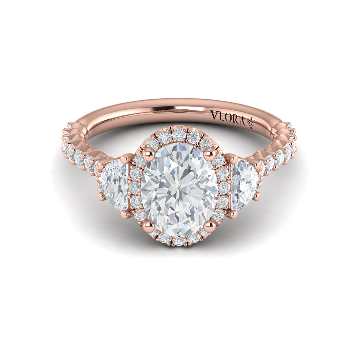 14K Rose Gold Oval Diamond Three-Stone Halo Ring