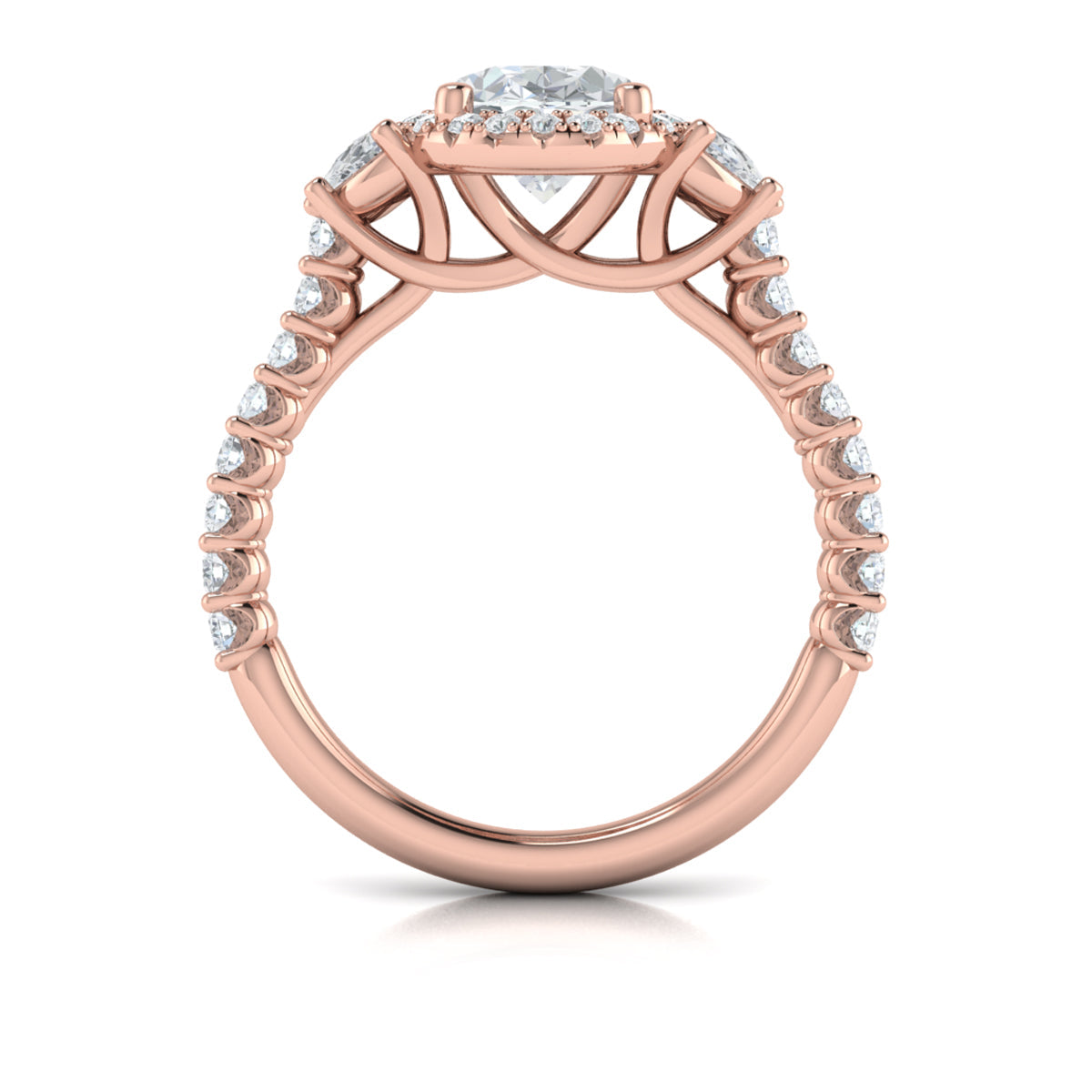 14K Rose Gold Oval Diamond Three-Stone Halo Ring