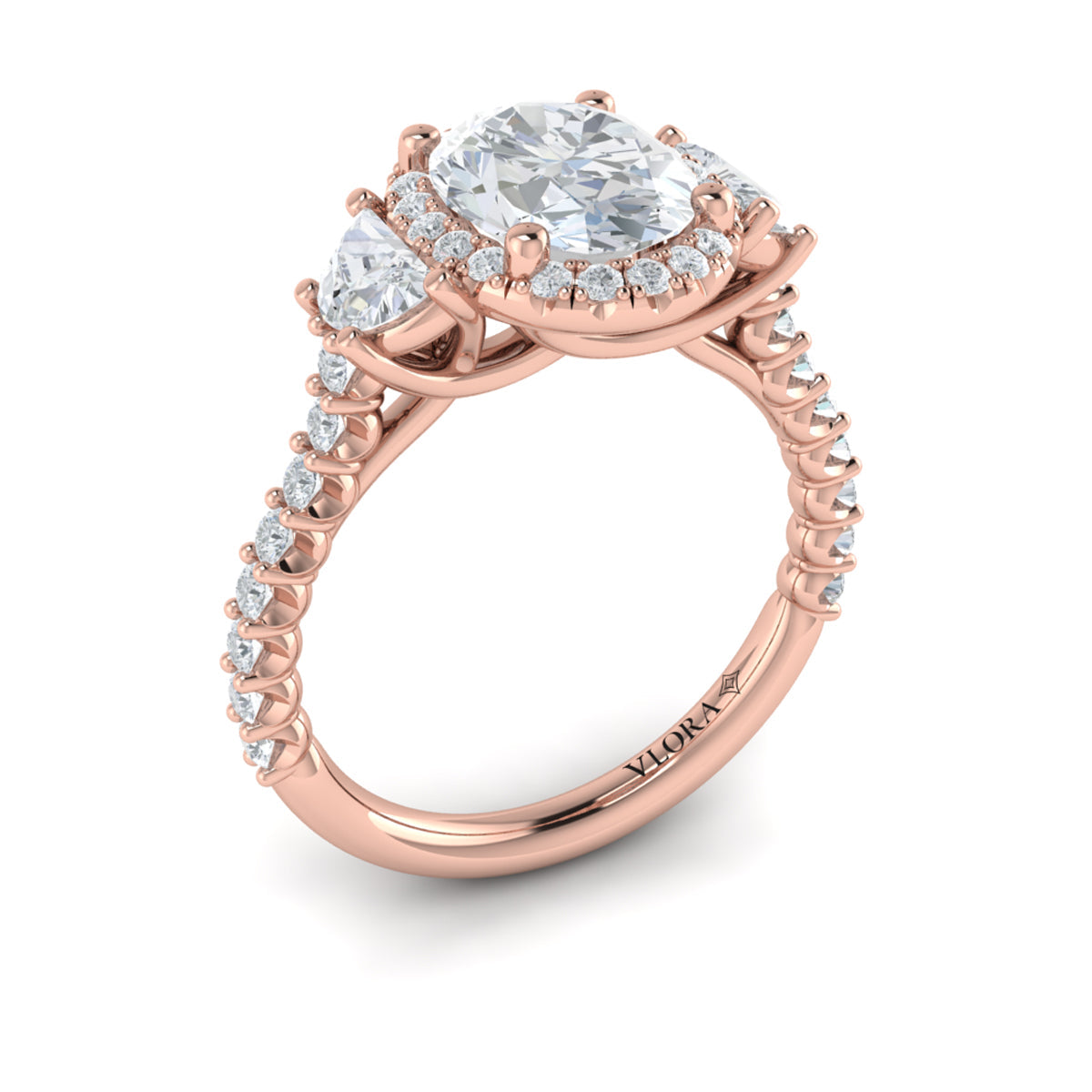 14K Rose Gold Oval Diamond Three-Stone Halo Ring