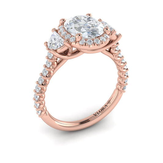 14K Rose Gold Oval Diamond Three-Stone Halo Ring