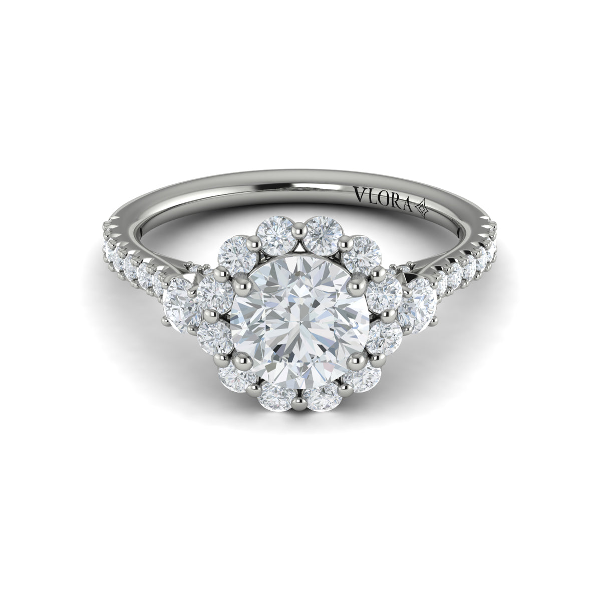 14kt White Gold Round Diamond Floral Halo Ring