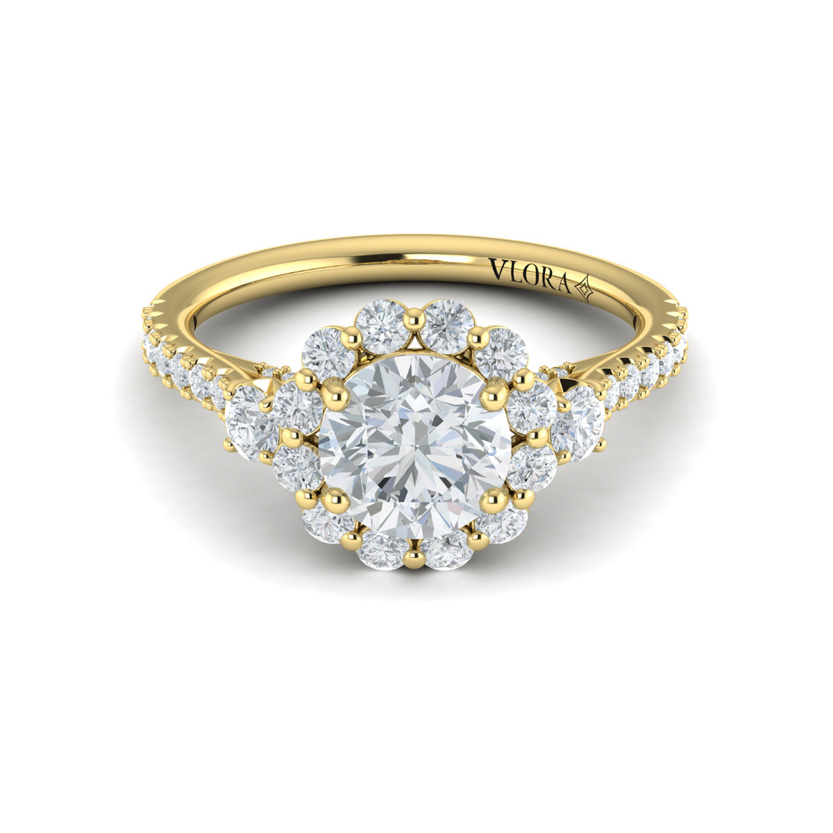 14kt Yellow Gold Round Diamond Floral Halo Ring